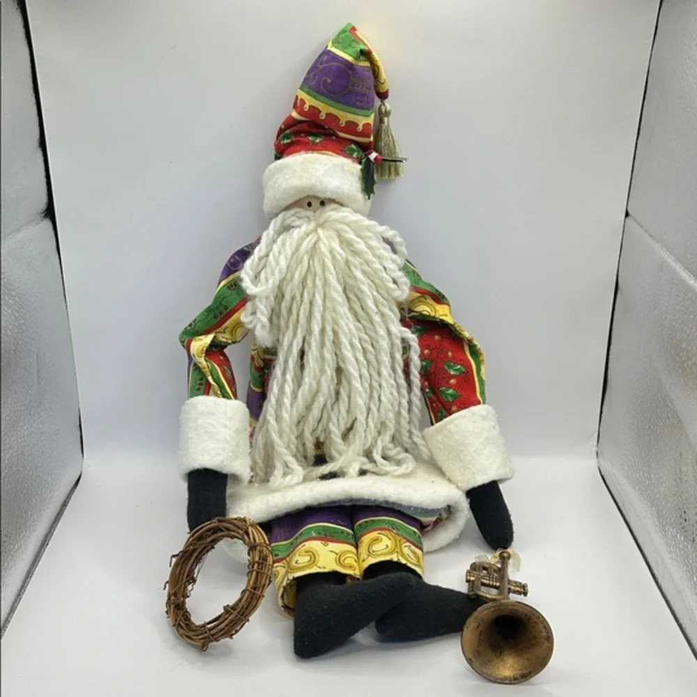 Colorful Santa Doll with Trumpet and Wreath